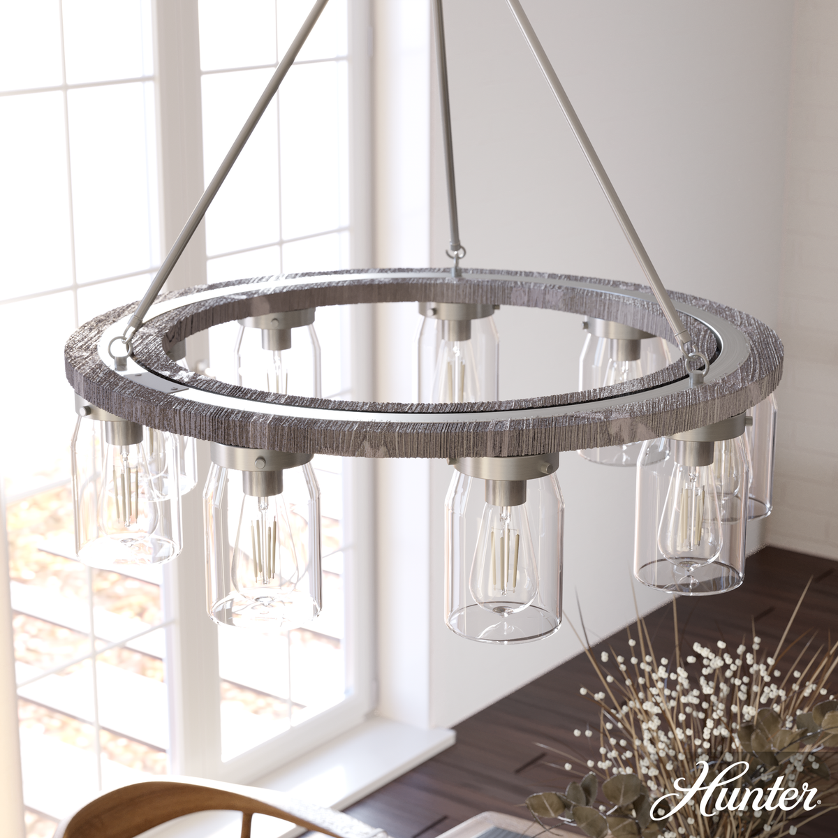 31-inch 9-Light Brushed Nickel and Grey Wood Chandelier with Clear Glass