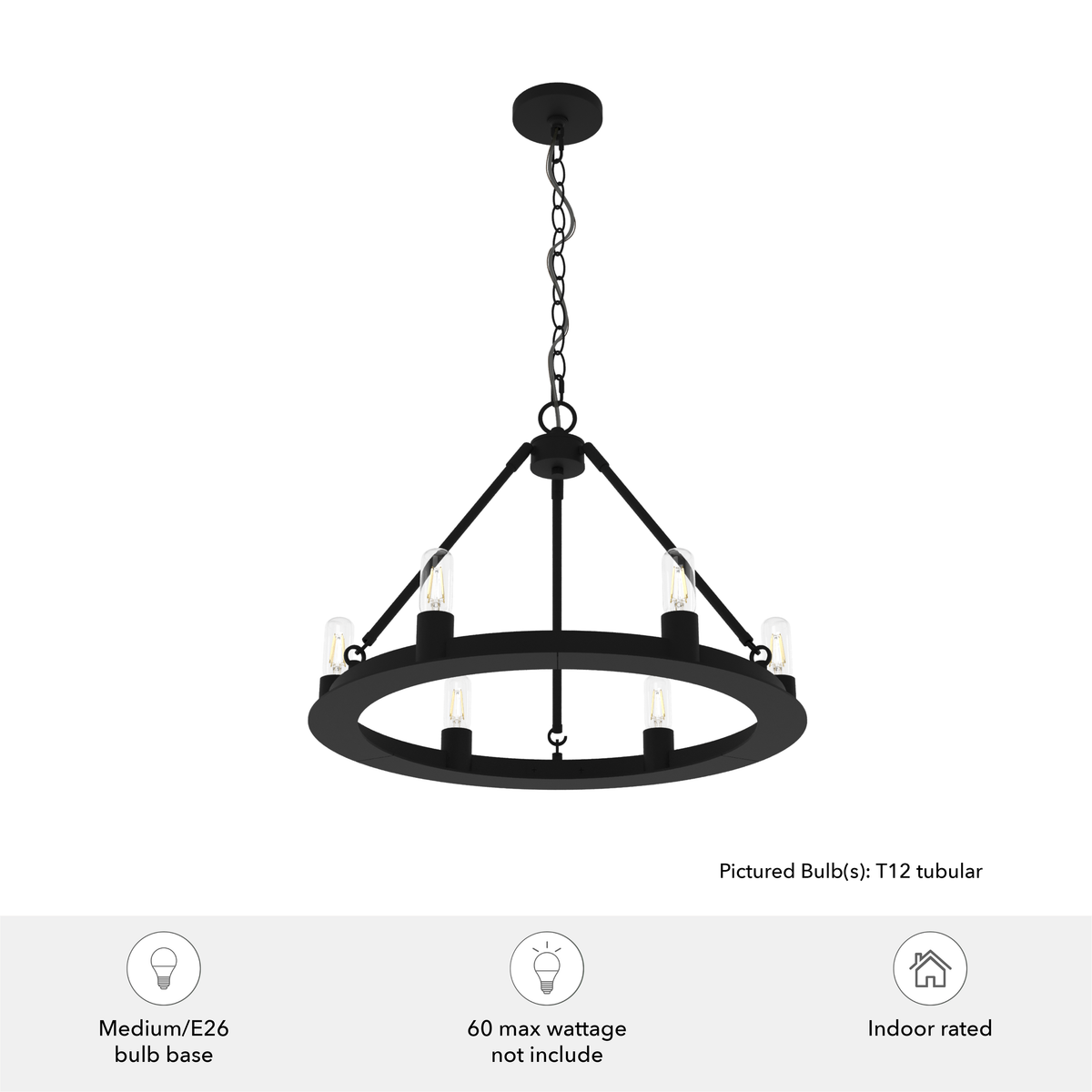 24-inch 6-Light Natural Black Iron Wagon Wheel Chandelier