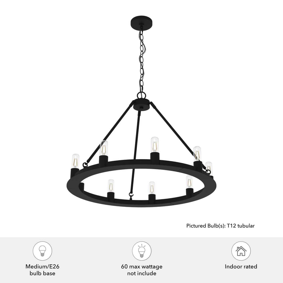30-inch 9-Light Natural Black Iron Wagon Wheel Chandelier