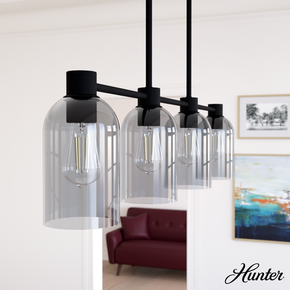 Lochemeade 37.5-inch 4-light Natural Black Iron Linear Chandelier with Smoked Glass