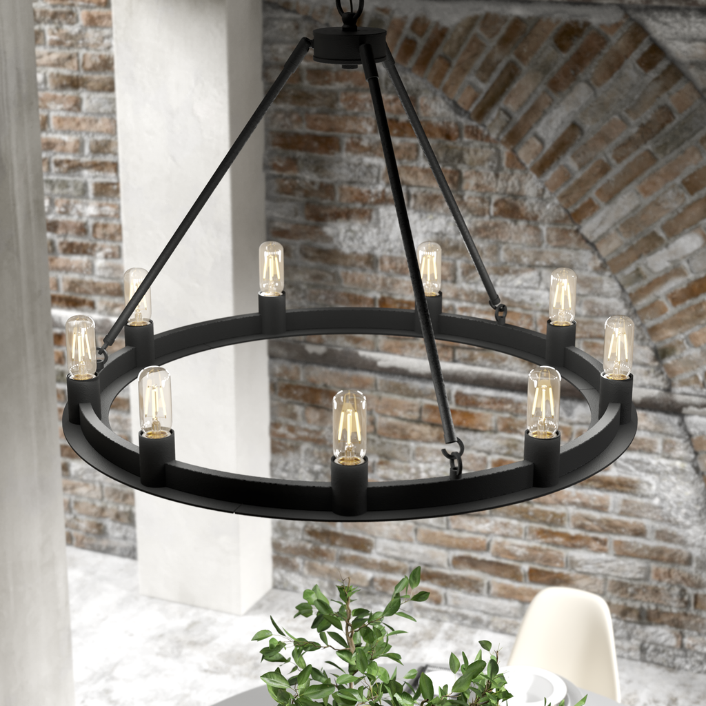 30-inch 9-Light Natural Black Iron Wagon Wheel Chandelier