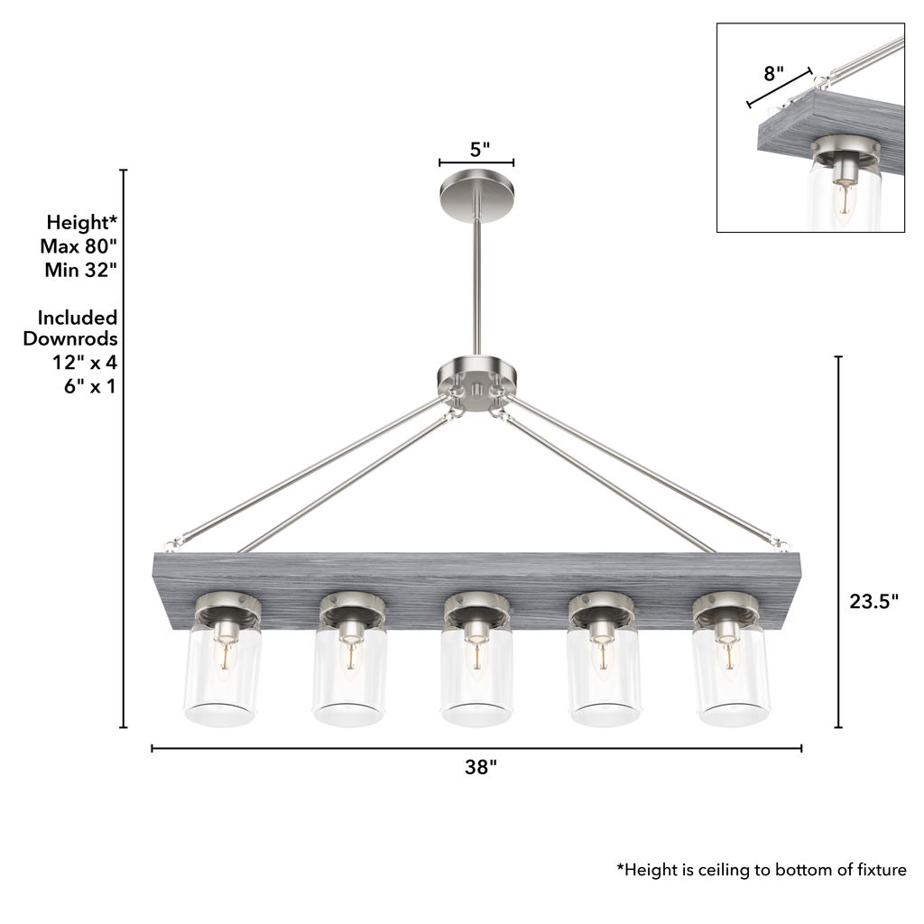 Devon Park 38-inch 5-light Brushed Nickel and Grey Wood Linear Chandelier with Clear Glass
