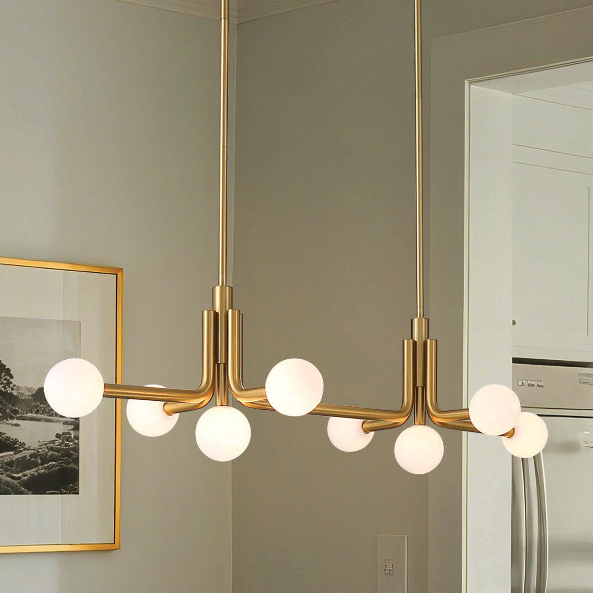 50-inch 8-Light Champagne Gold Linear Chandelier with Opal Glass Shades