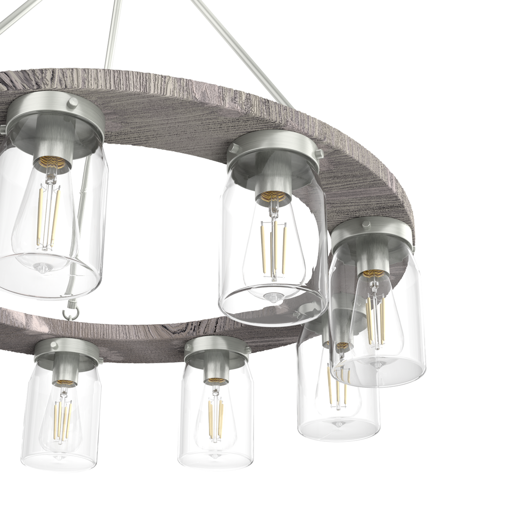 31-inch 9-Light Brushed Nickel and Grey Wood Chandelier with Clear Glass