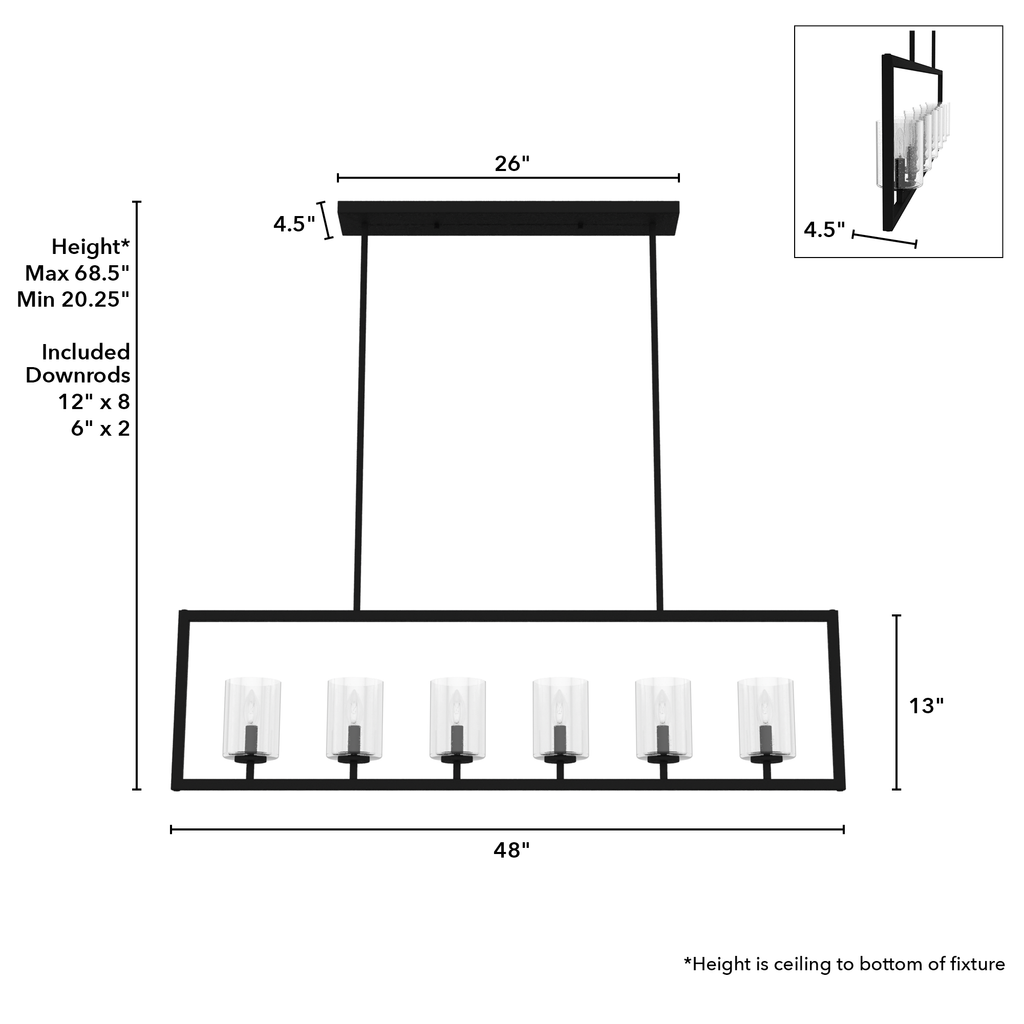 48-inch 6-Light Natural Black Iron Linear Chandelier with Seeded Glass