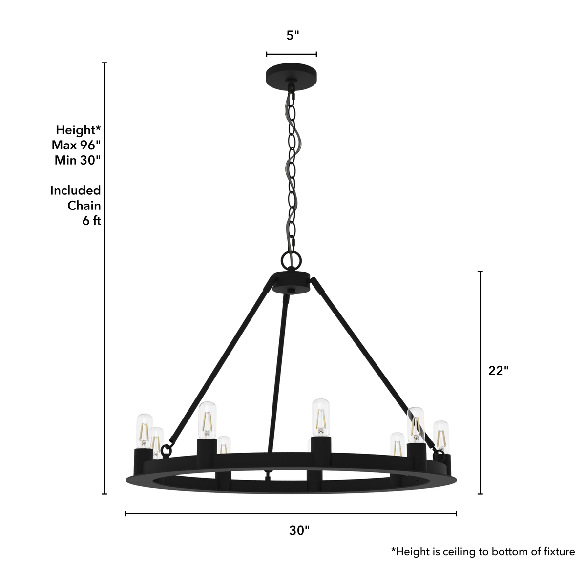 30-inch 9-Light Natural Black Iron Wagon Wheel Chandelier