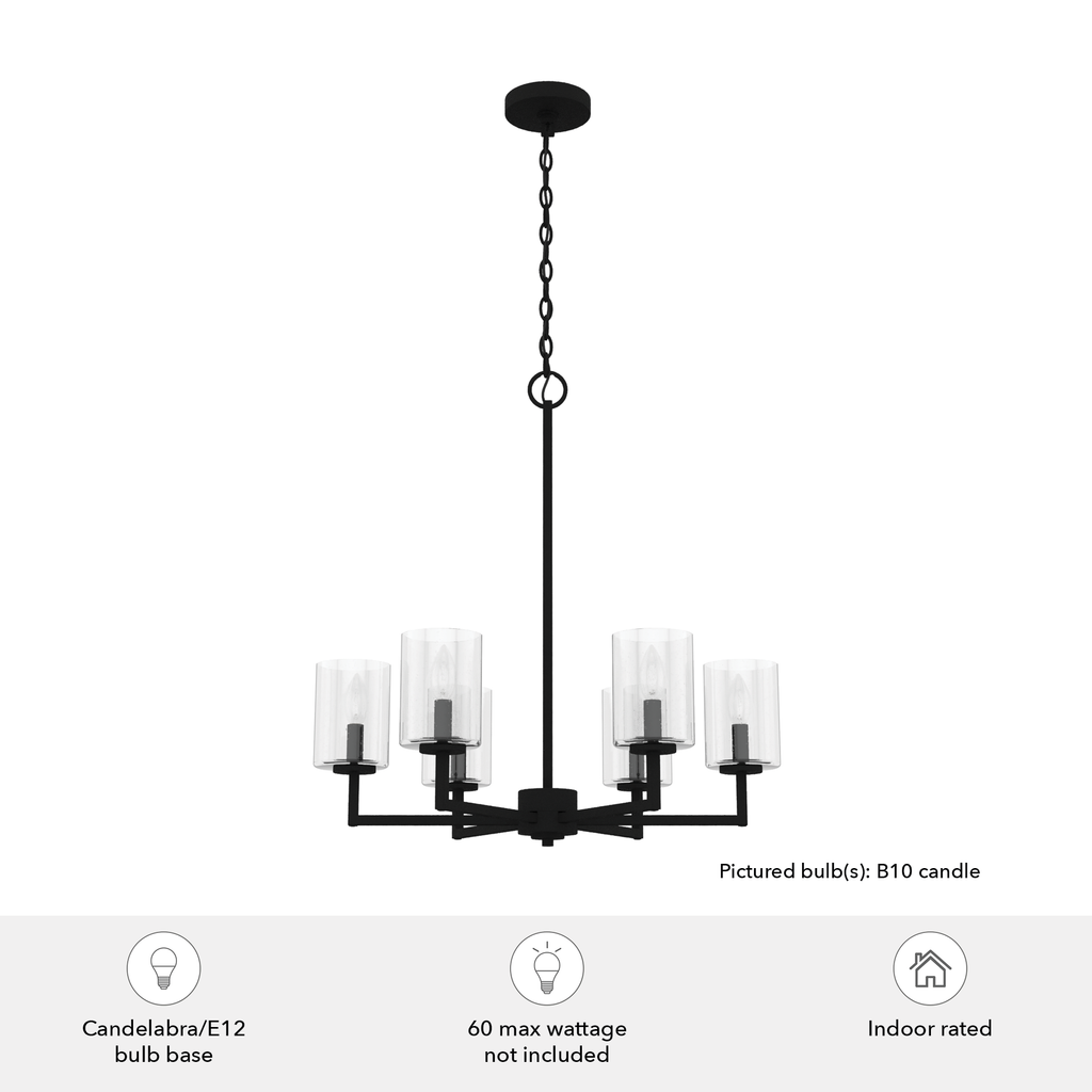 24.5-inch 6-Light Natural Black Iron Chandelier with Seeded Glass