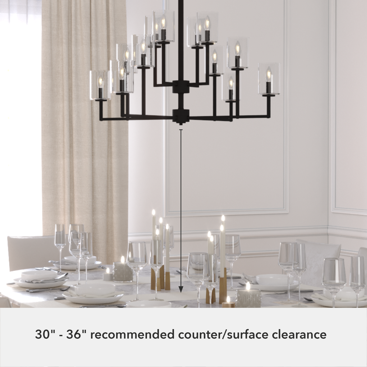 40.5-inch 12-Light Natural Black Iron Chandelier with Seeded Glass
