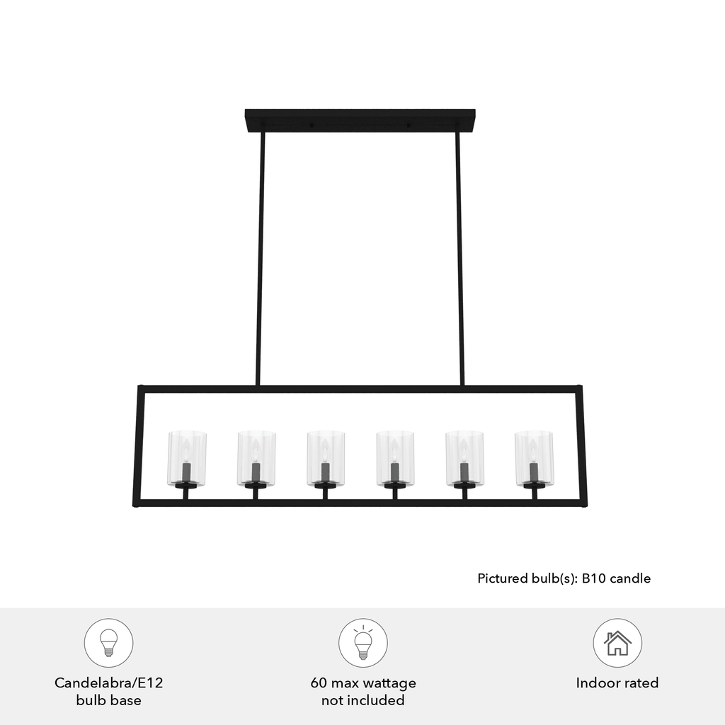 48-inch 6-Light Natural Black Iron Linear Chandelier with Seeded Glass