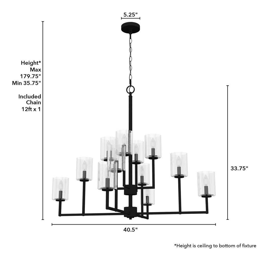 40.5-inch 12-Light Natural Black Iron Chandelier with Seeded Glass