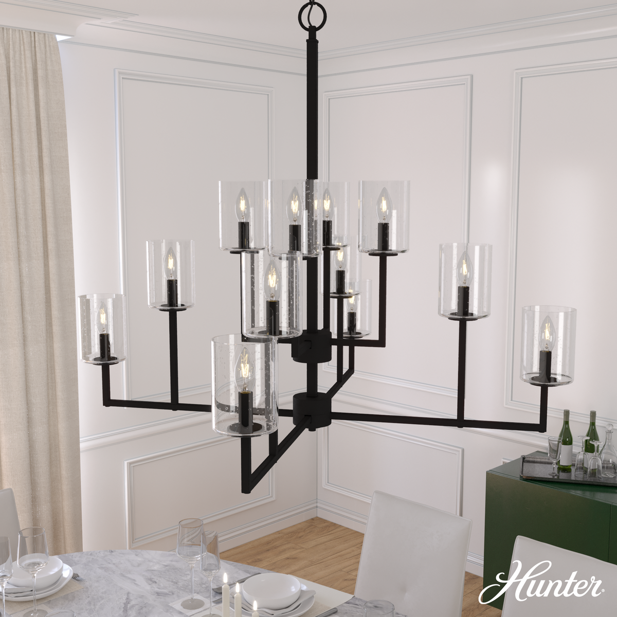 40.5-inch 12-Light Natural Black Iron Chandelier with Seeded Glass