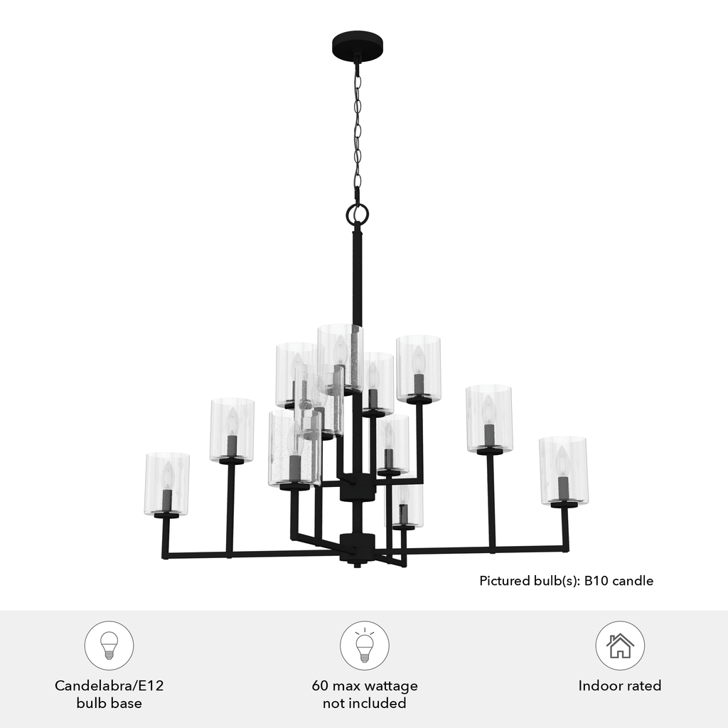 40.5-inch 12-Light Natural Black Iron Chandelier with Seeded Glass