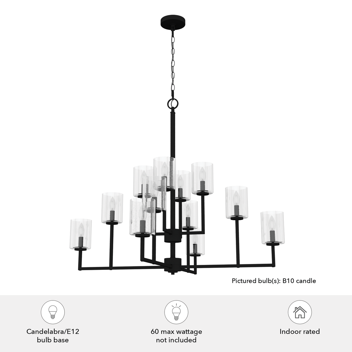 40.5-inch 12-Light Natural Black Iron Chandelier with Seeded Glass