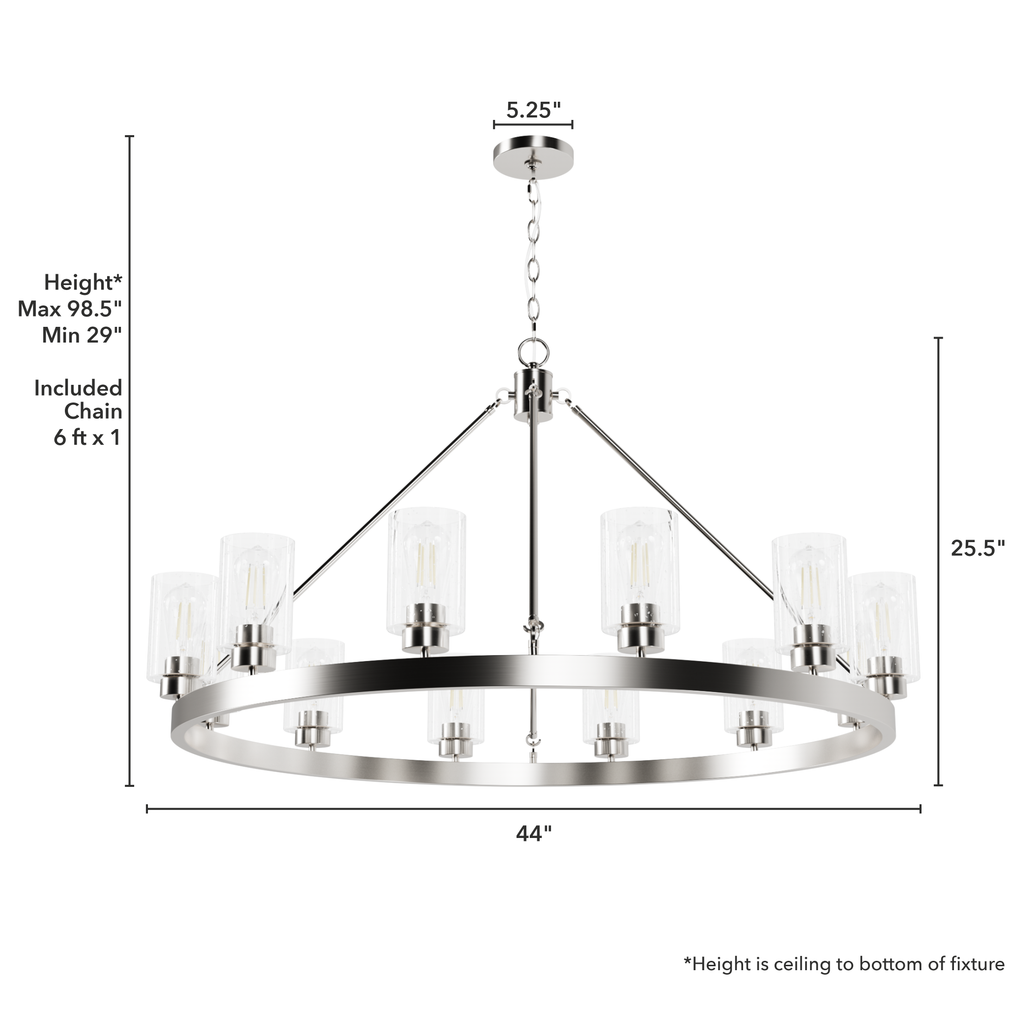 Hartland 44-inch 12-light Brushed Nickel Chandelier with Seeded Glass