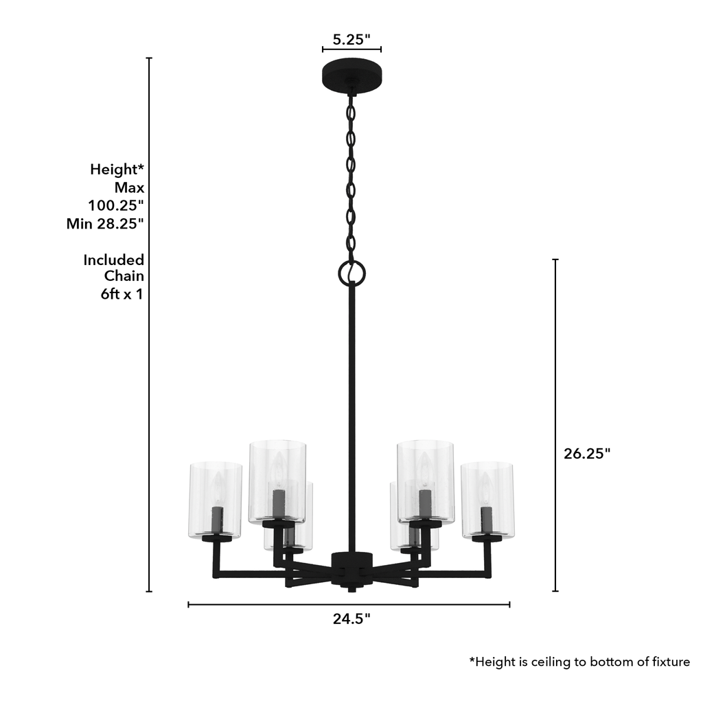 24.5-inch 6-Light Natural Black Iron Chandelier with Seeded Glass